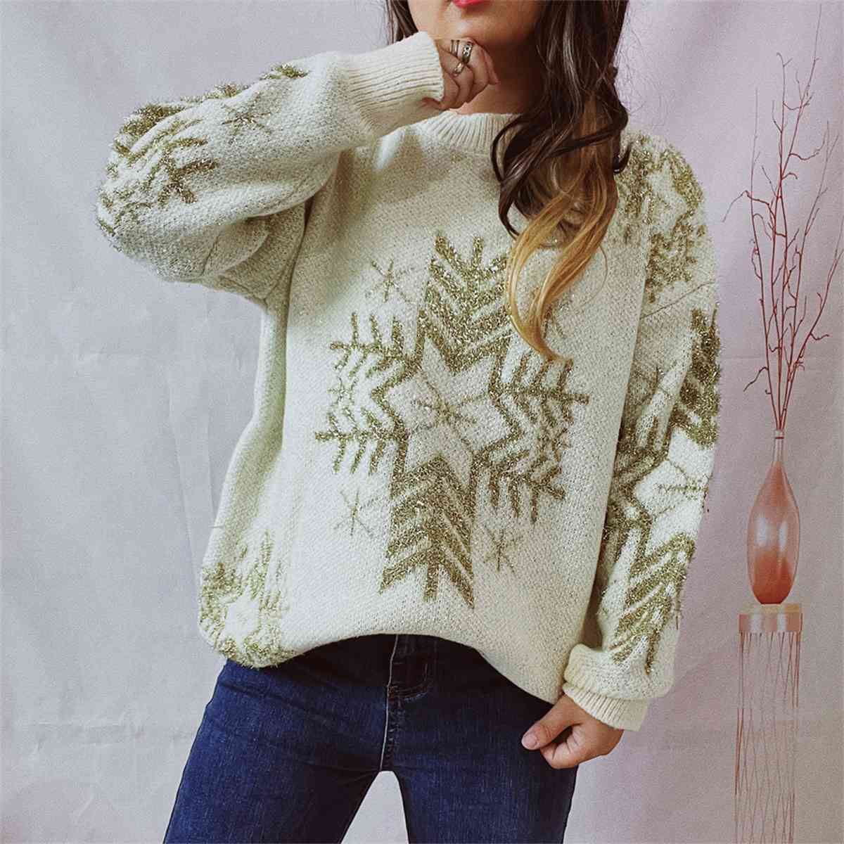 Fuzzy Contrasting Snowflake Knit Round Neck Classy Minimalist Winter Sweater