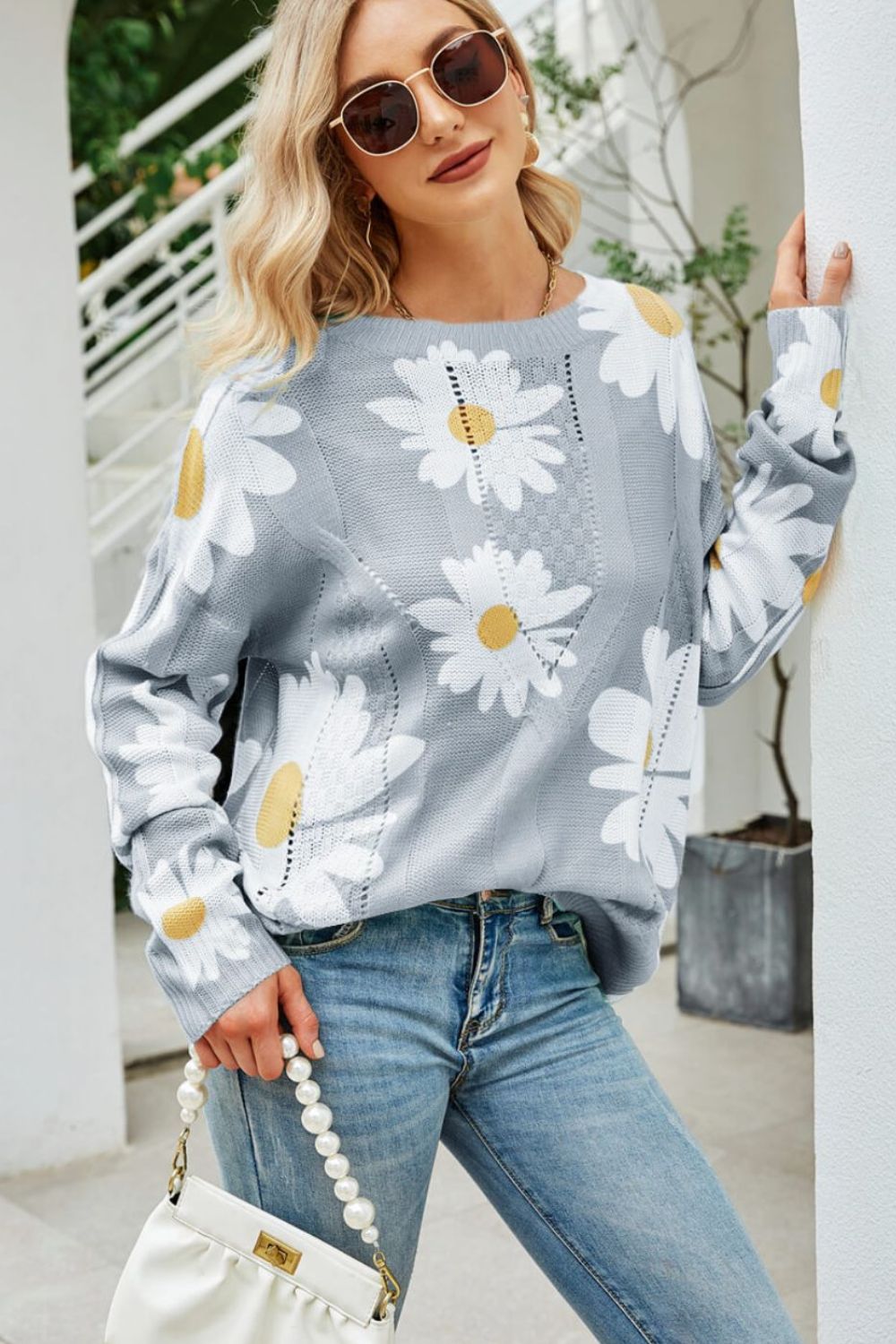 Daisy Knit Print Openwork Detail Lightweight Sweater