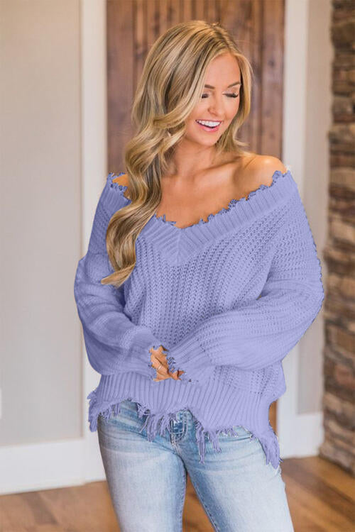 Distressed Raw Hem Off Shoulder Wide Neck Long Sleeve Waffle Knit Sweater Shirt