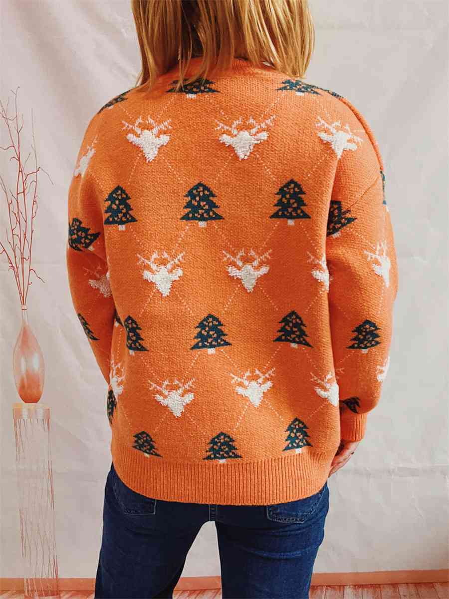 Fuzzy Shag Knit Reindeer Tree Argyle Round Neck Winter Soft Print Sweater