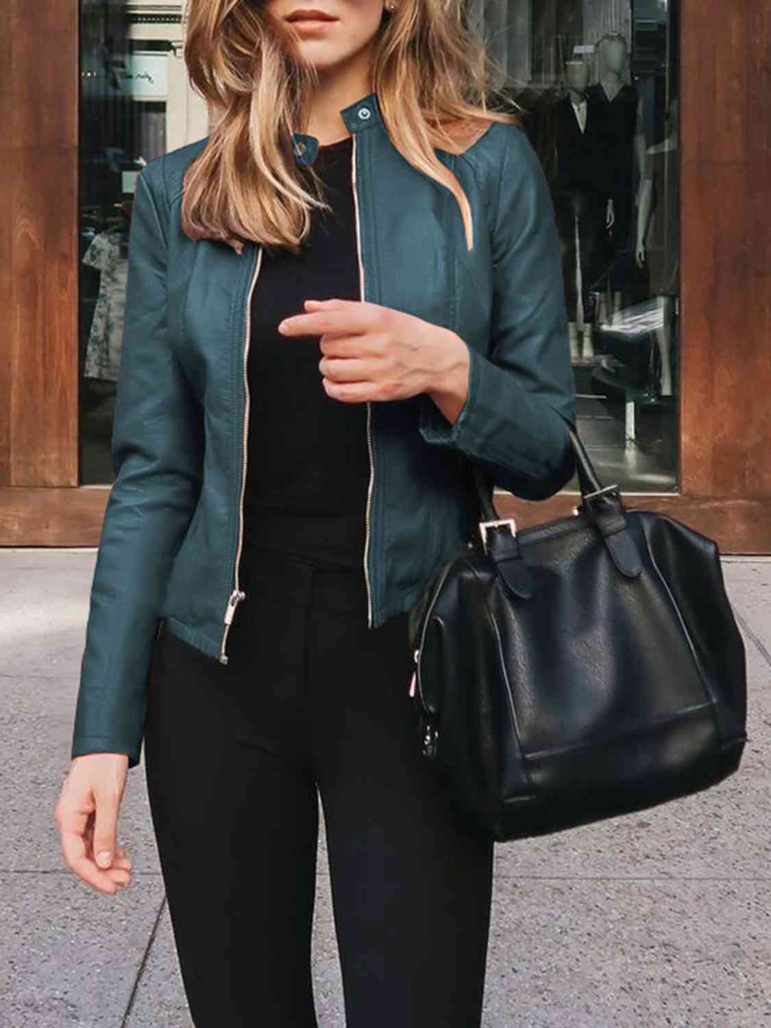 Chic Moto Vegan Leather Jacket Zip-up Sleek Snap Mock Neck