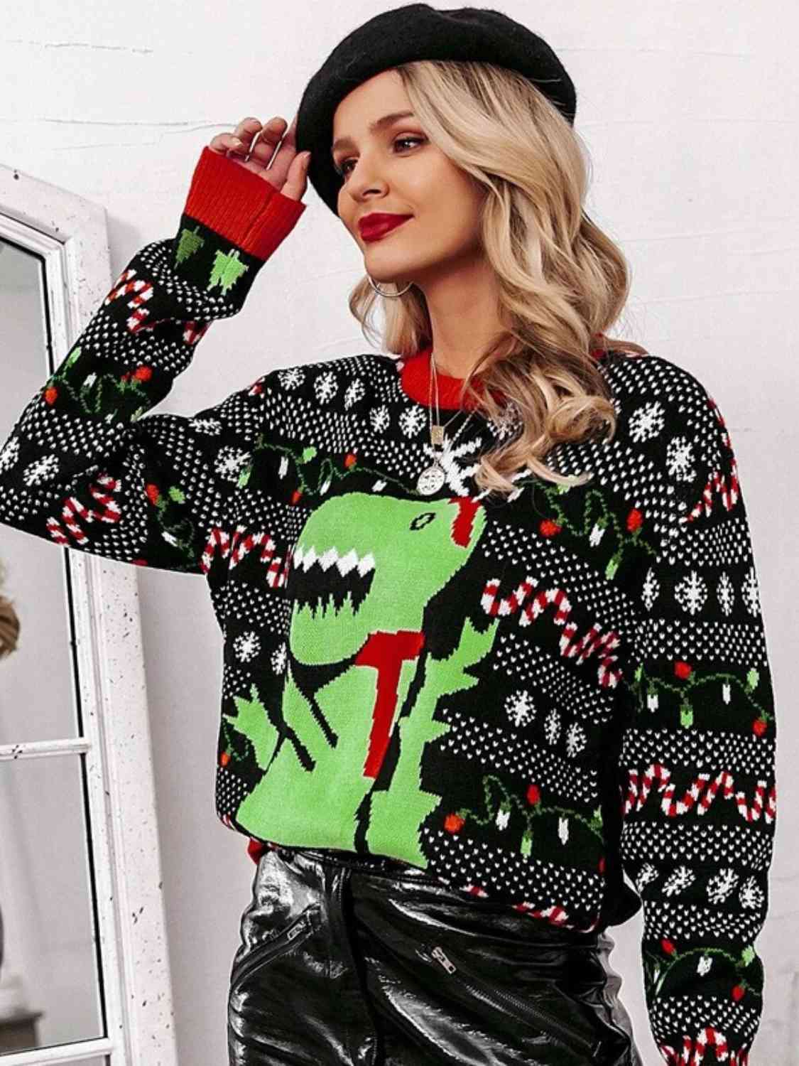 T-Rex Knit Dinosaur Holiday Christmas Light Fun Long Sleeve Sweater
