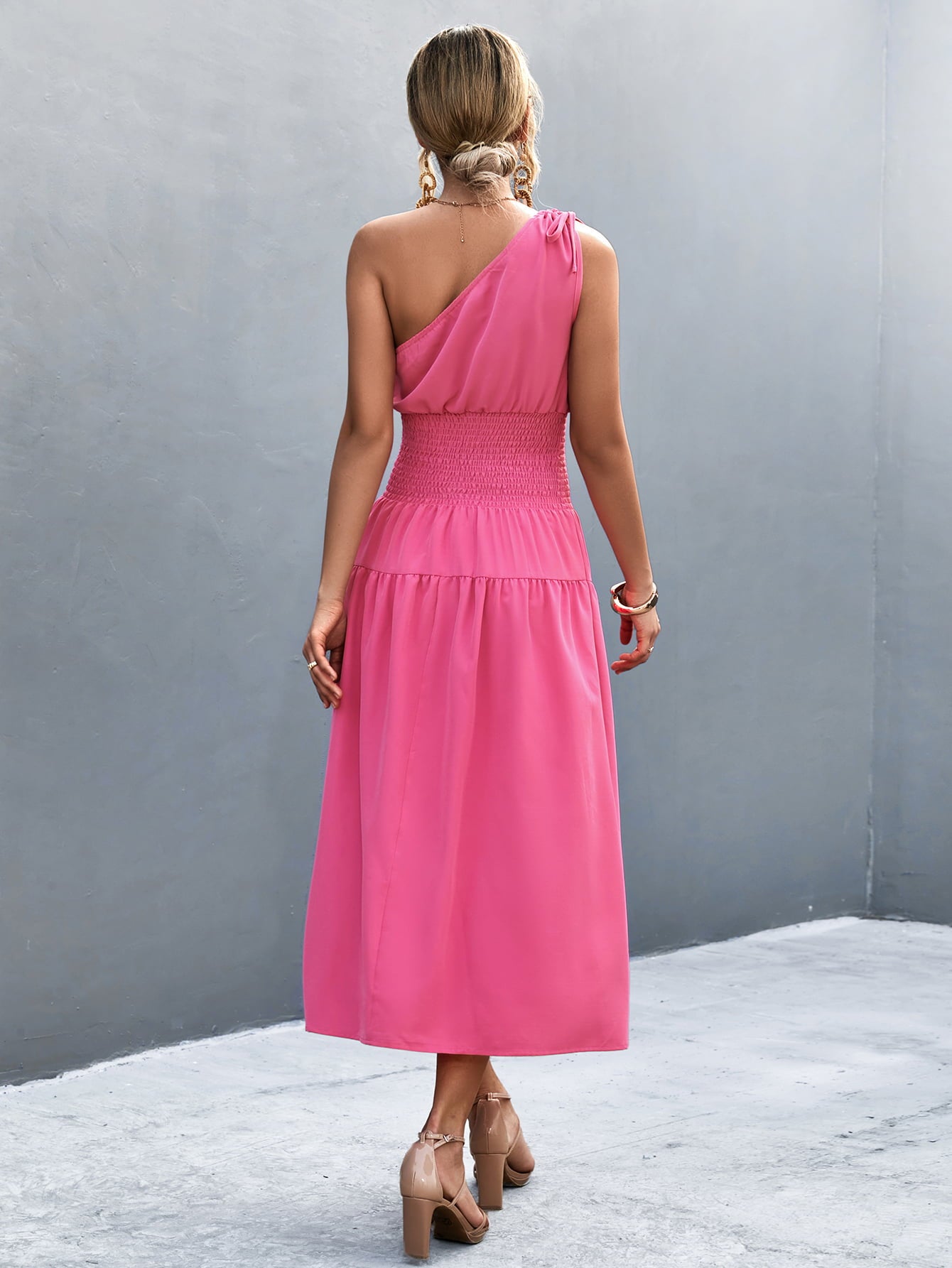 Cinch Tie Asymmetrical One Shoulder Smocked Waist Midi Dress