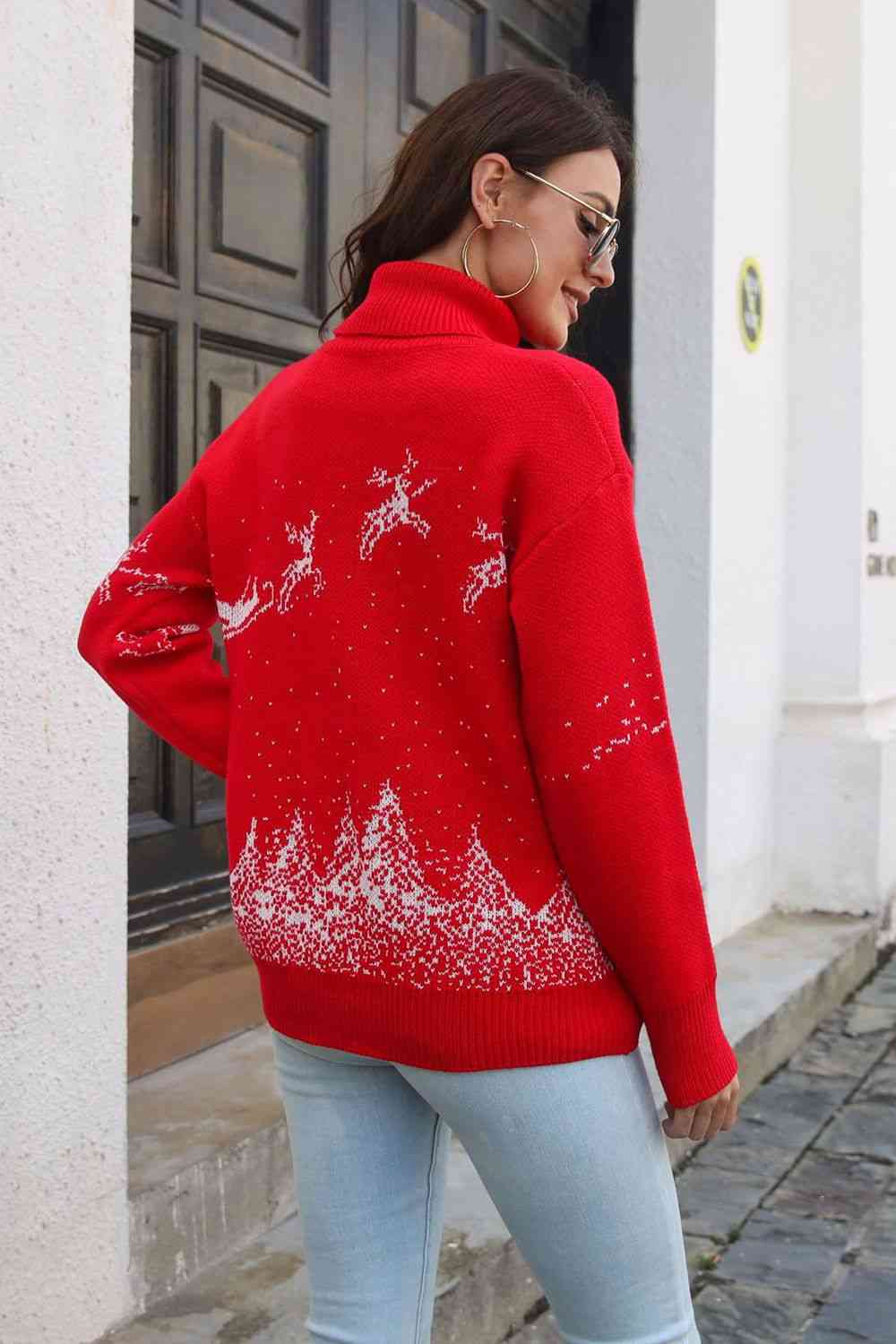 Knit Turtleneck Santa Reindeer Classy Winter Christmas Scene Chic Sweater