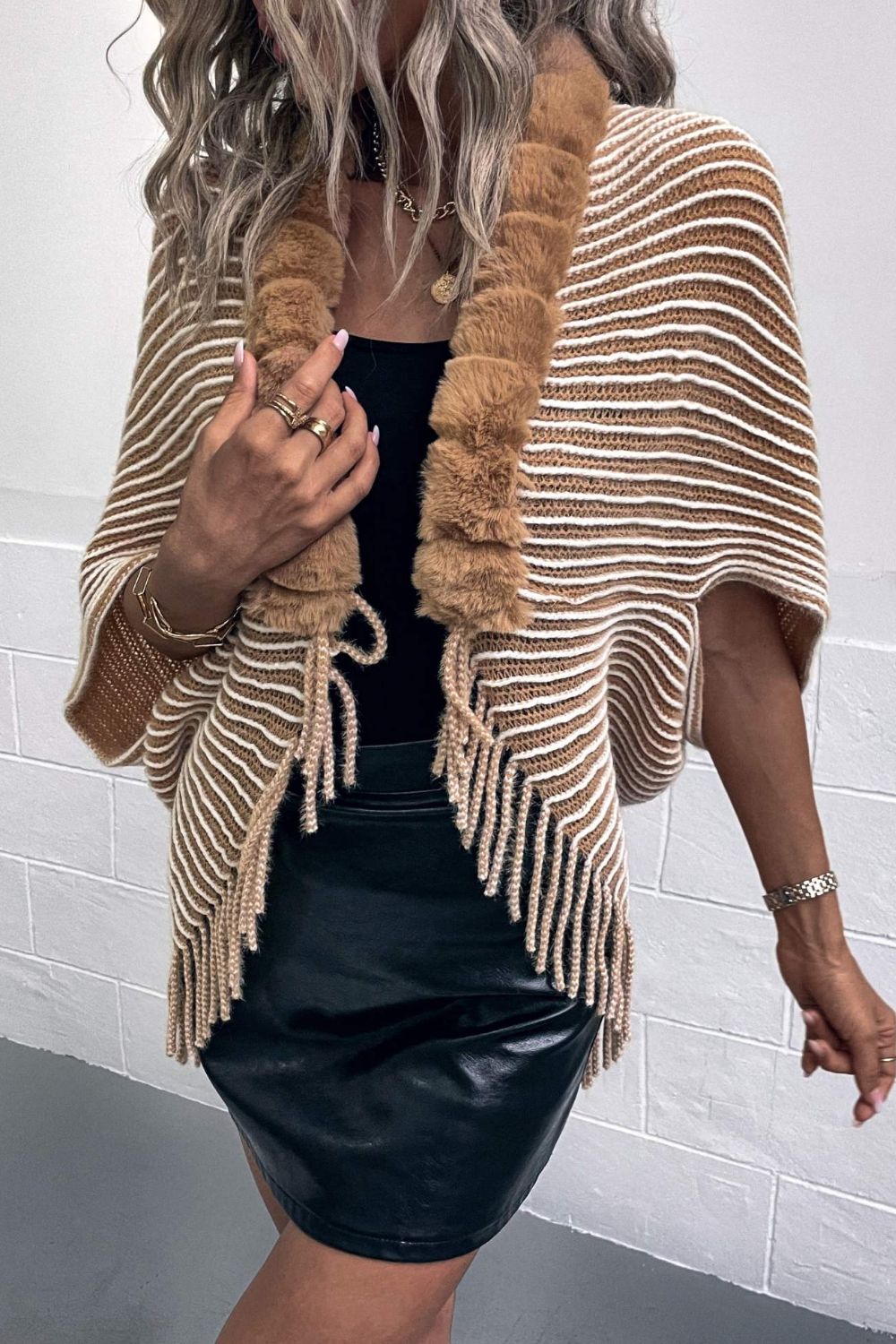 Stripe Faux Fur Retro Fringe Hem Open Front Shrug Knit Bolero Cardigan