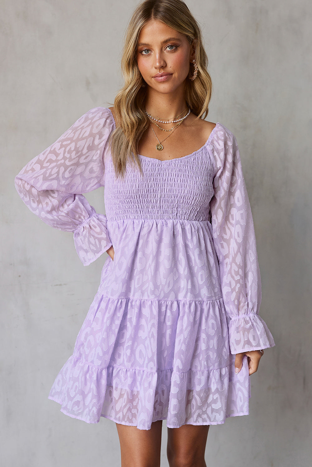 Leopard Print Tiered Long Sleeve Babydoll Dress (3 Colors Available)