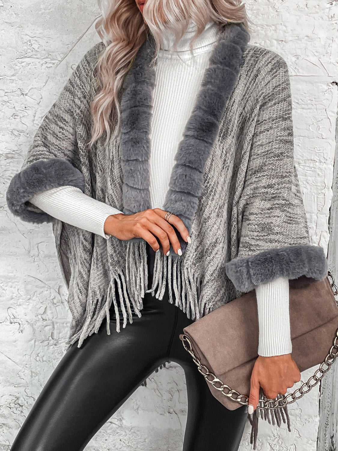 Plush Faux Fur Trim Retro Fringe Hem Open Front Knit Poncho Cardigan