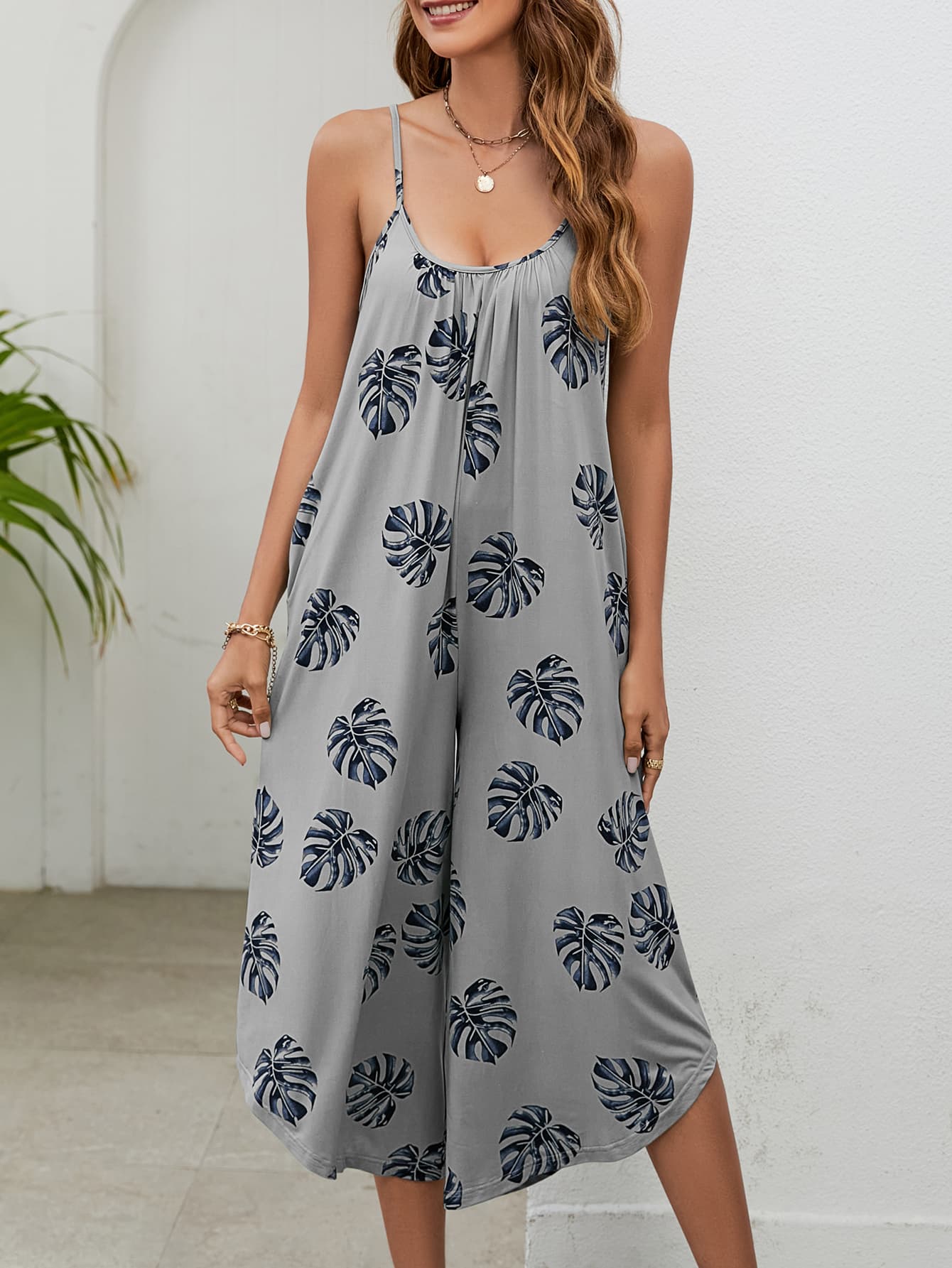 Botanical Palm Sleeveless Bohemian Capri Wide Leg Oversized Pant Pocket Jumpsuit