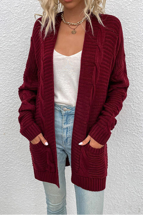 Oversized Cable Knit Classic Open Front Patch Pocket Cardigan Fall Winter