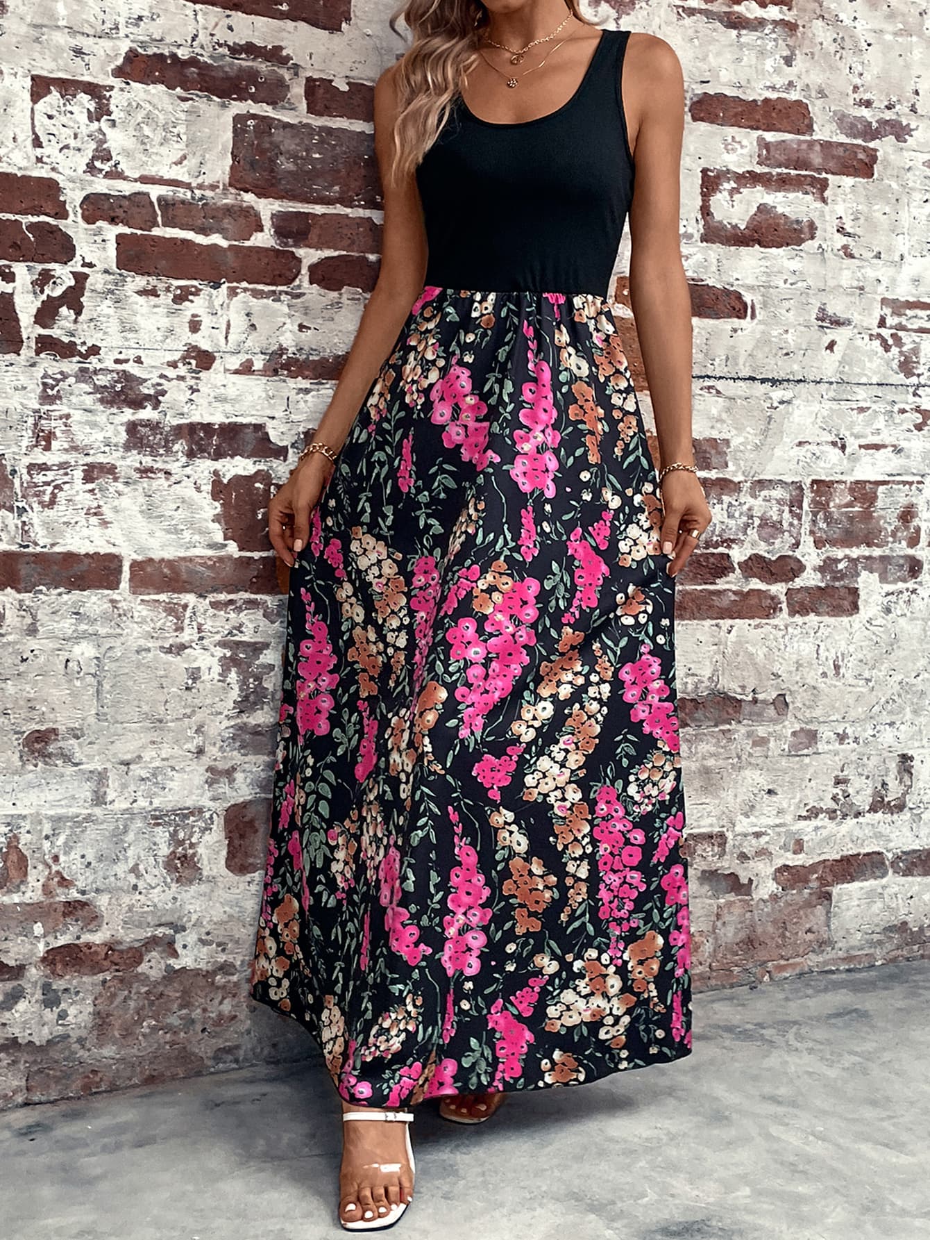Color Block Bright Pink Floral Scoop Neck Sleeveless Maxi Dress