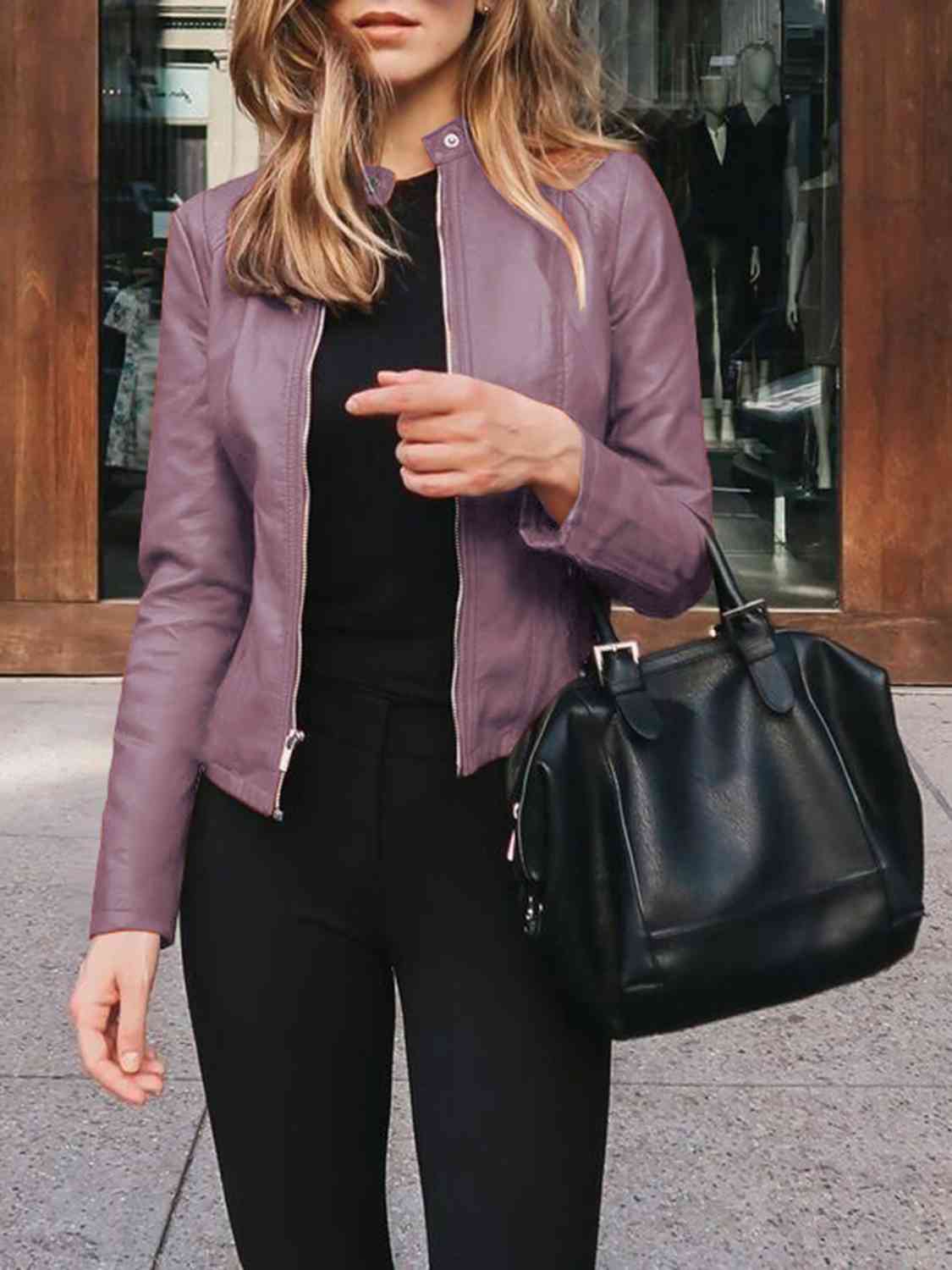 Chic Moto Vegan Leather Jacket Zip-up Sleek Snap Mock Neck