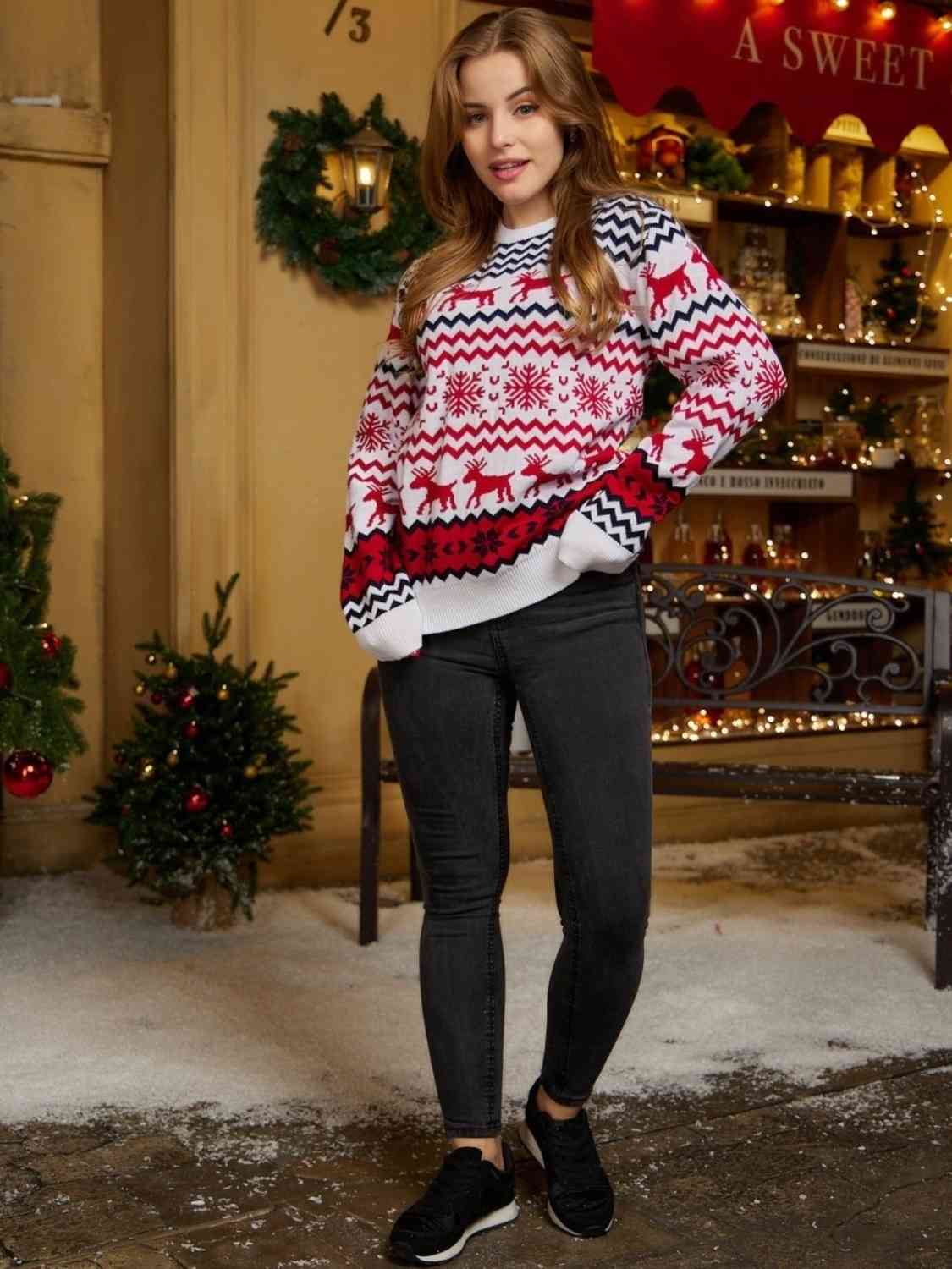 Fair Isle Snowflake Reindeer Knit Round Neck Classic Holiday Minimalist Sweater