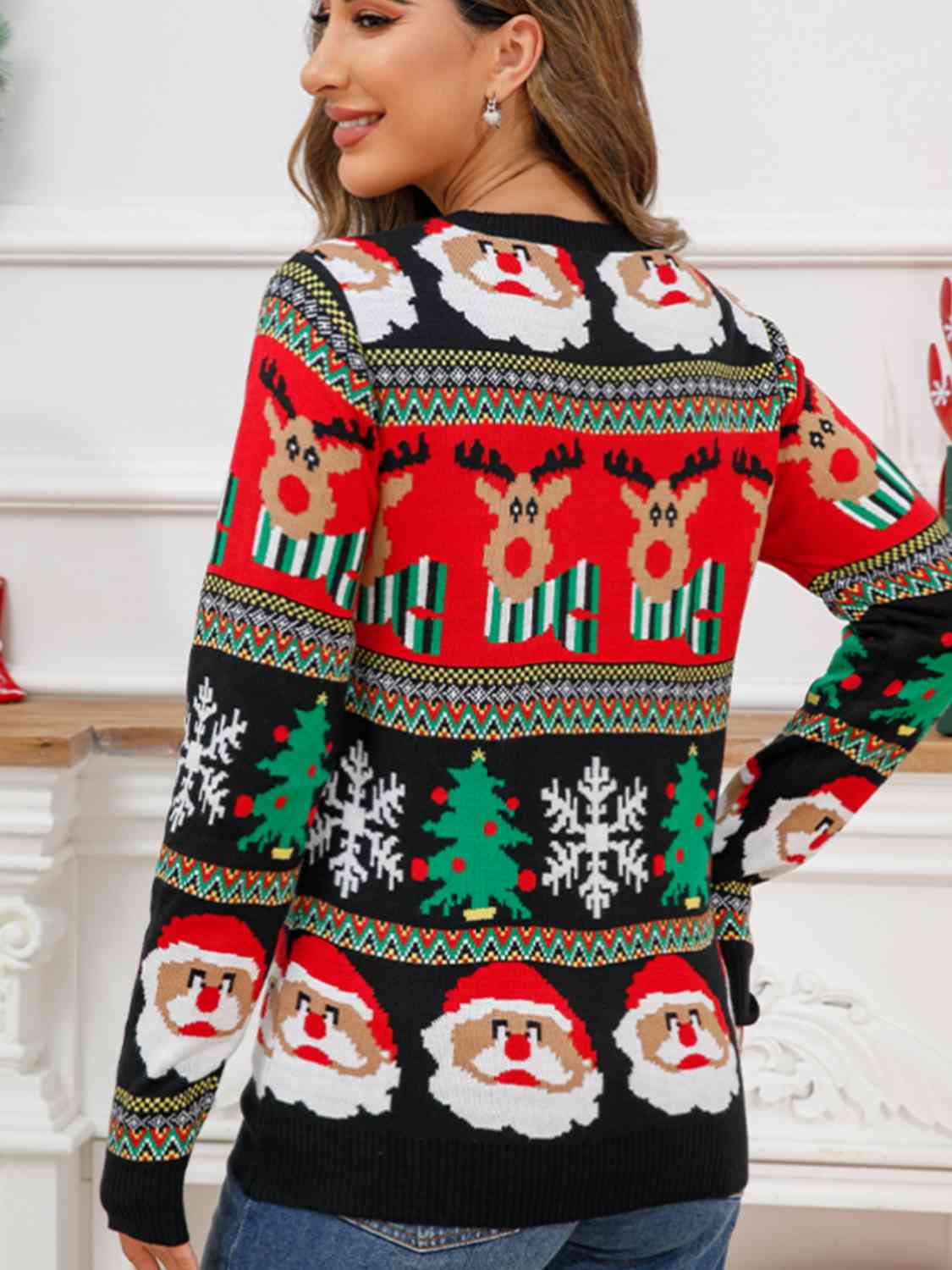 Bold Christmas Colorful Knit Rudolph Santa Festive Long Sleeve Sweater