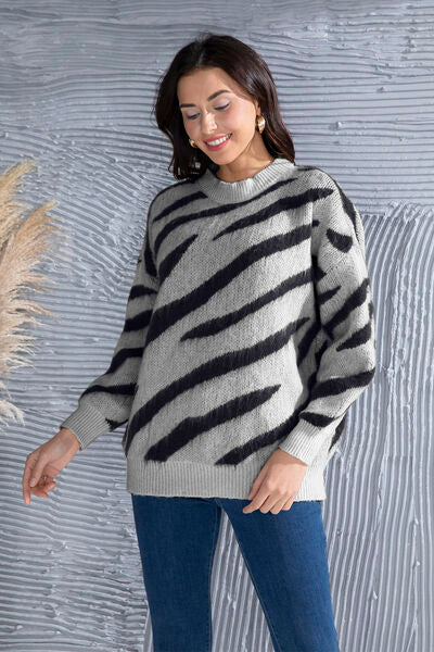 Zebra Stripe Animal Print Long Sleeve Round Neck Oversized Sweater Shirt