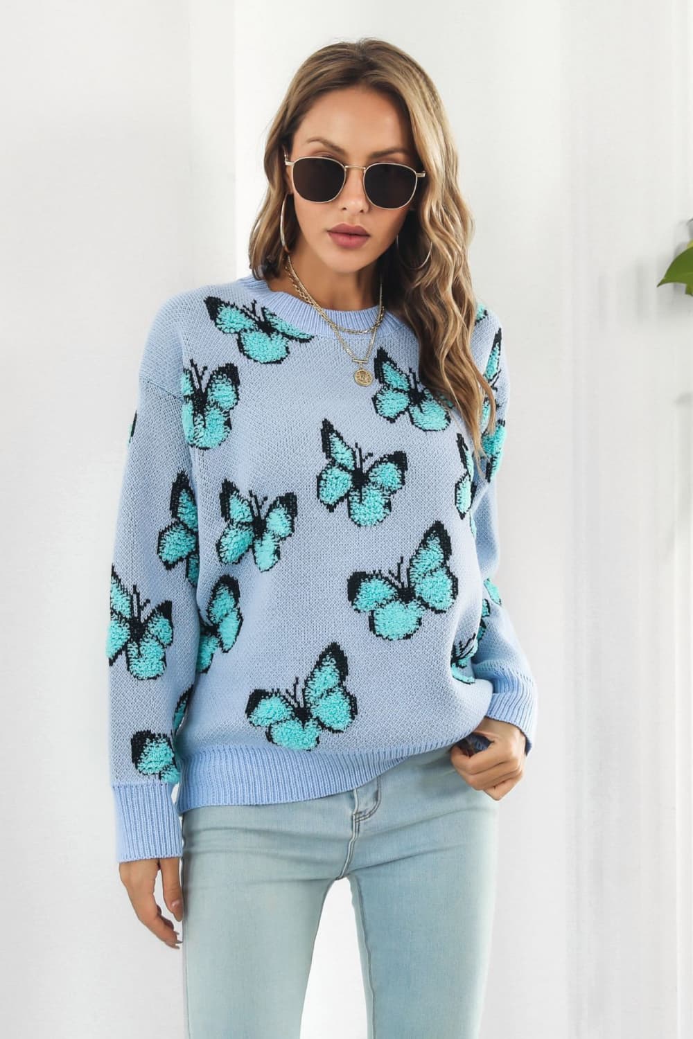 Fuzzy Monarch Butterfly Raised Shag Bold Colors Knit Pullover Sweater Shirt