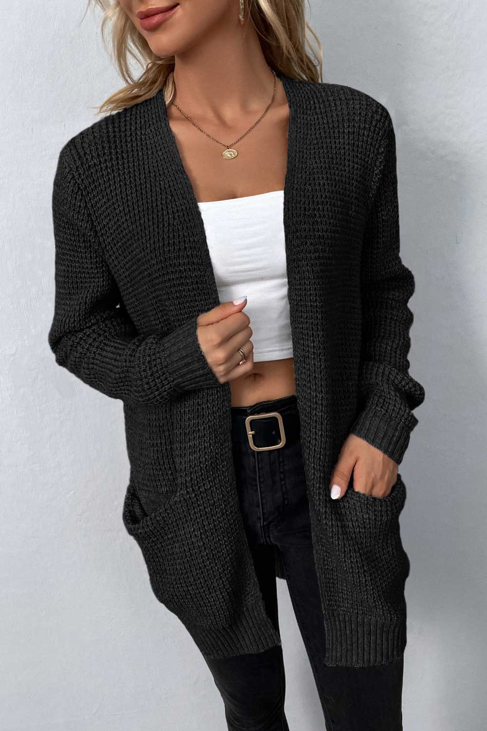 Waffle Knit Longline Open Front Sweater Pocket Cardigan