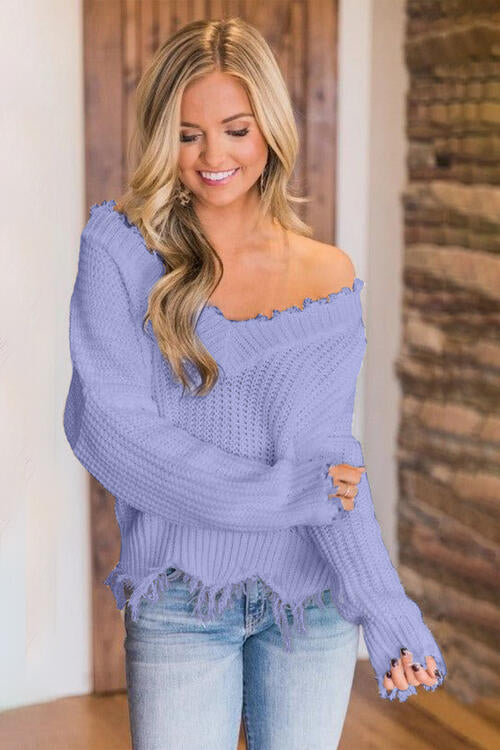 Distressed Raw Hem Off Shoulder Wide Neck Long Sleeve Waffle Knit Sweater Shirt