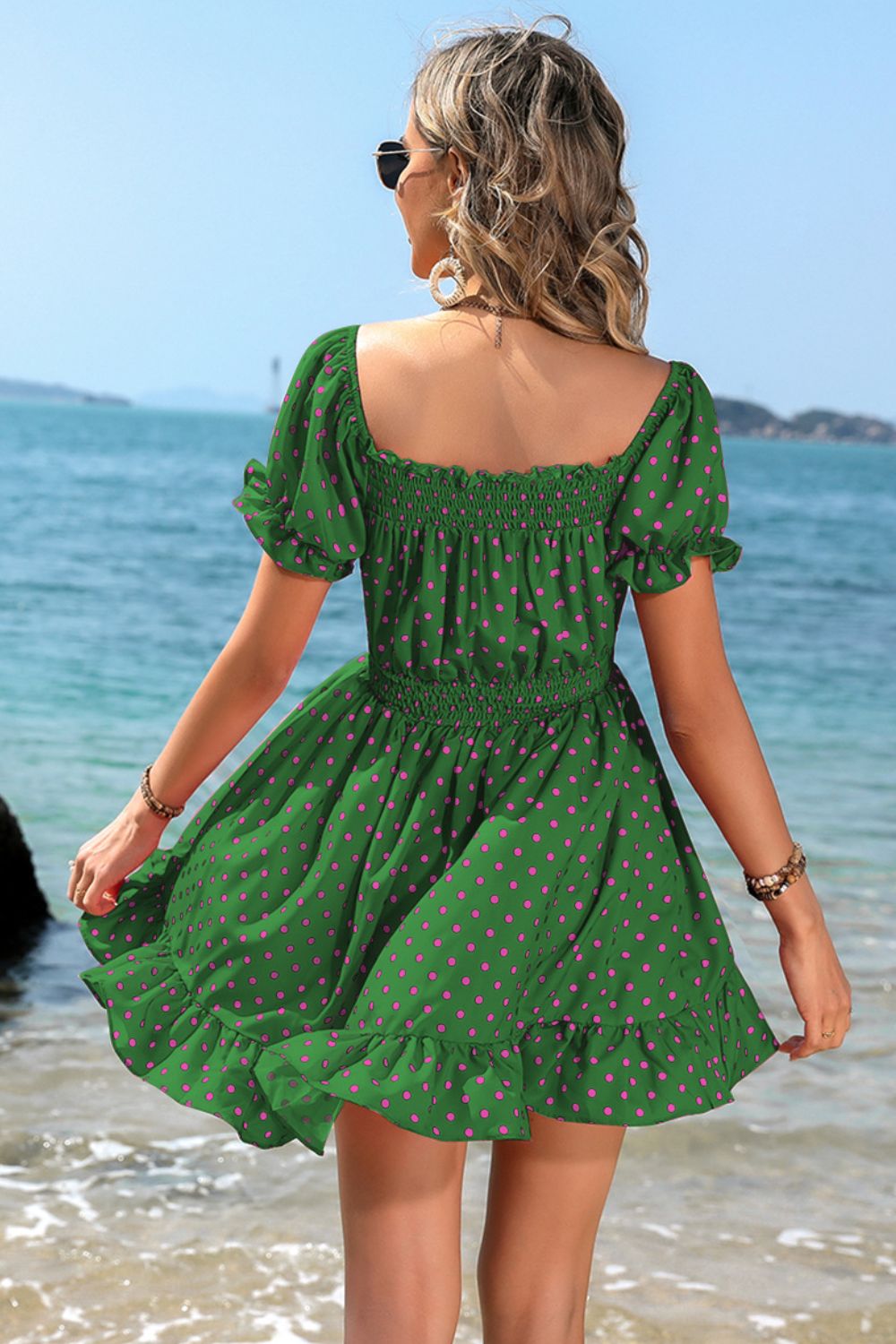 Ruffle Accent Smocked Chest and Waist Babydoll Mini Dress