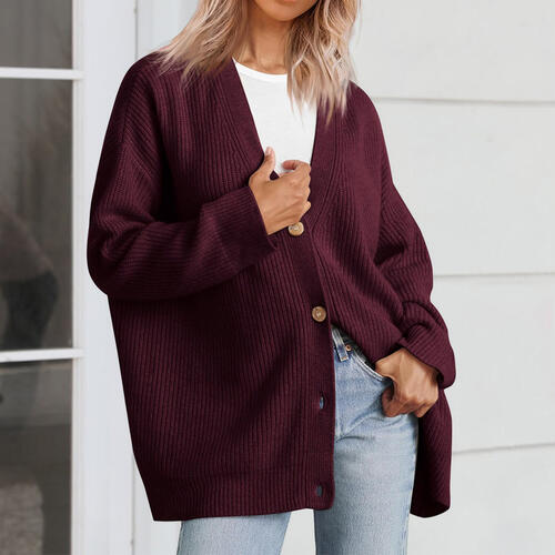 Ribbed Knit Oversized Button Front Classic Long Sleeve Button Front Cardigan