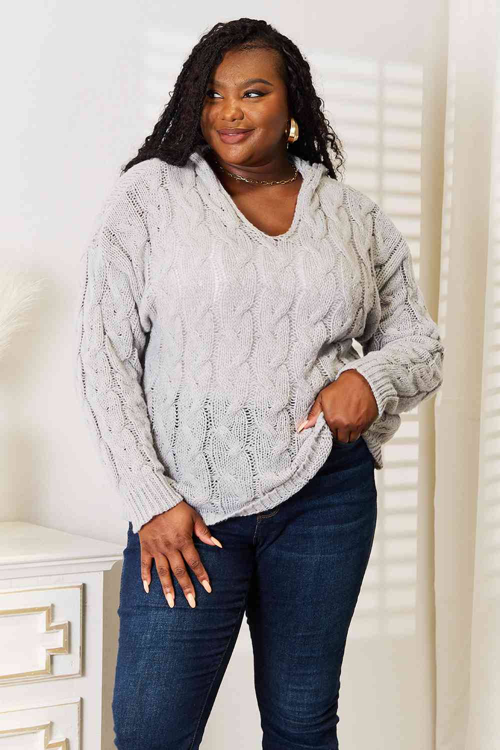 Cable-Knit Woven Hoodie Long Sleeve Classic Pullover Lightweight Sweater