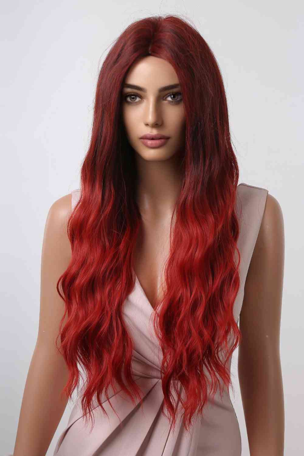 Red Ombre Long Wavy 27" Synthetic Hair Wig 13x1" Lace Front Capless-Cap Adjustable Tabs