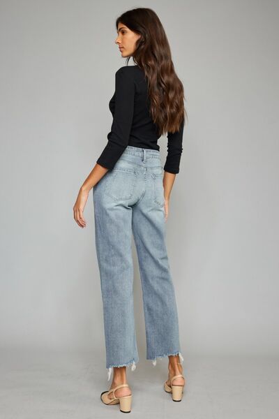 KanCan High-Rise Waist Raw Distressed Cropped Hem Wide Leg Mom Denim Jean Pants