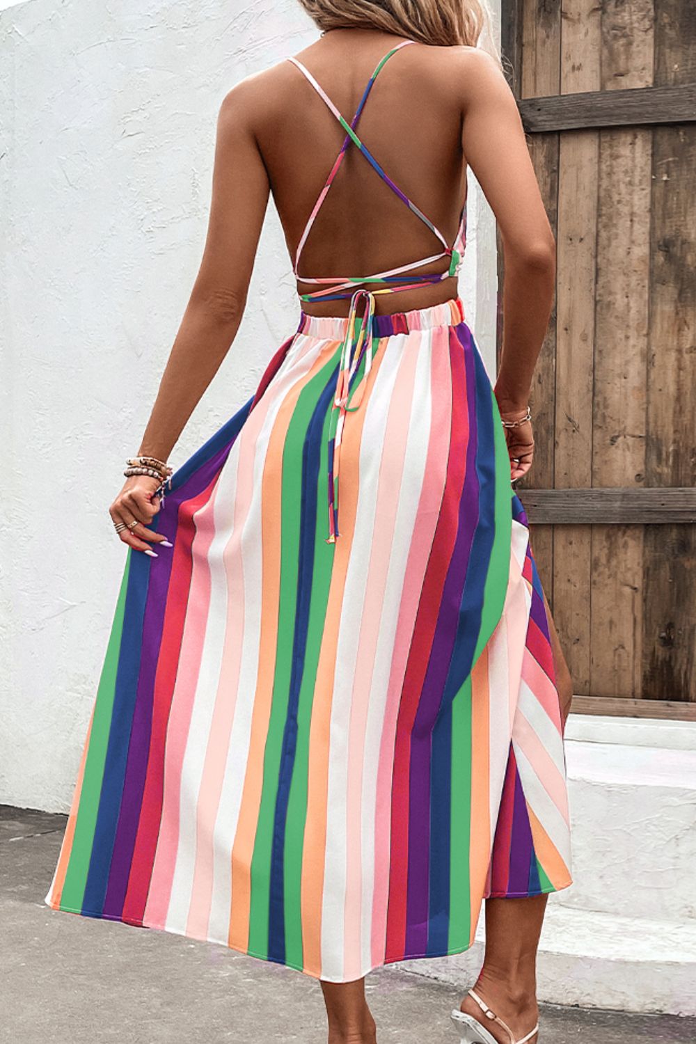 Bright Summer Stripe Backless Cross Tie Split Leg Maxi Dress (Plus Size Available)