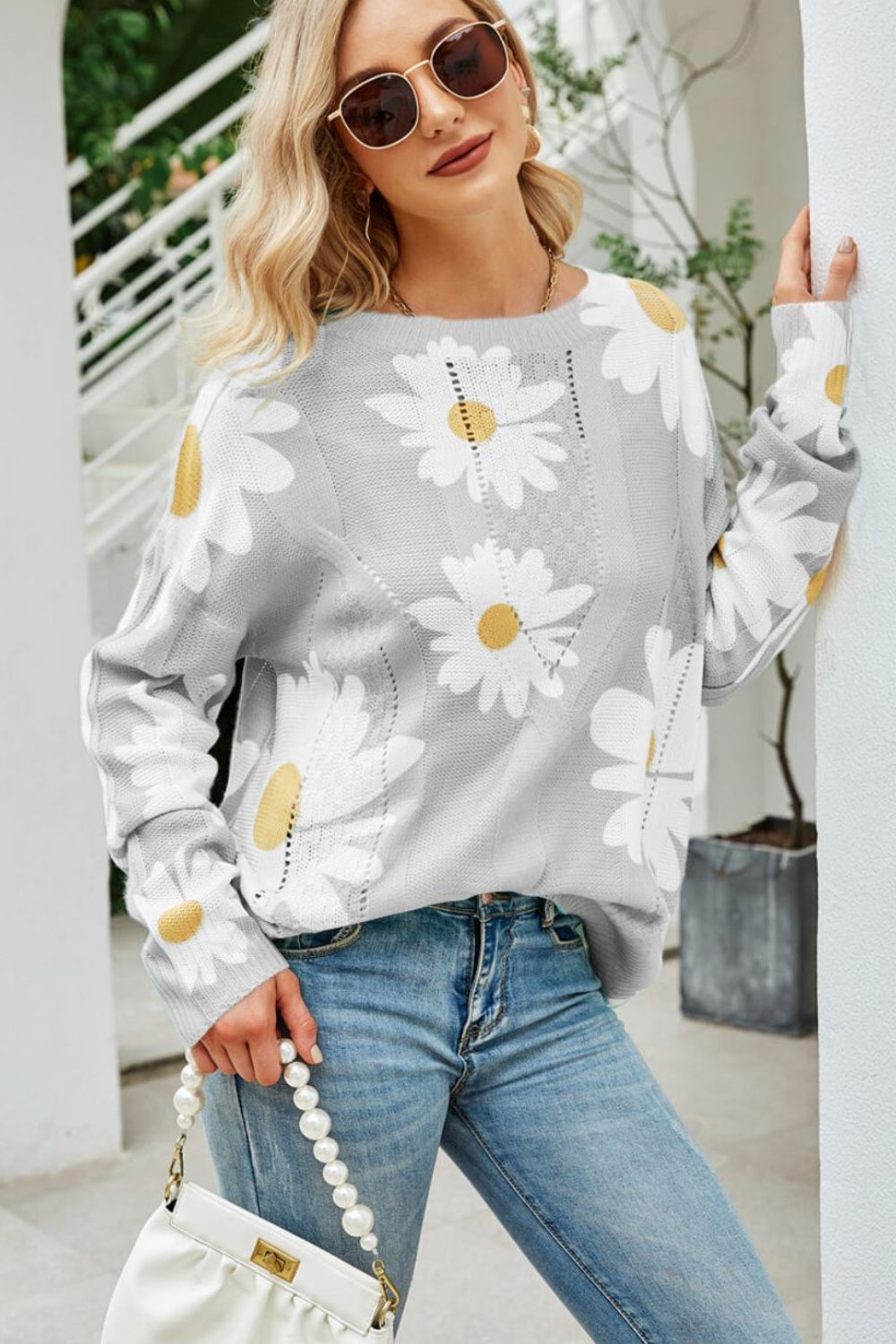 Daisy Knit Print Openwork Detail Lightweight Sweater