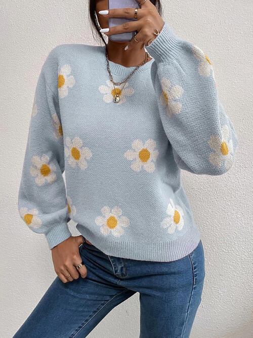 Daisy Retro Flower Knit Pullover Classic Long Lantern Sleeve Sweater Shirt