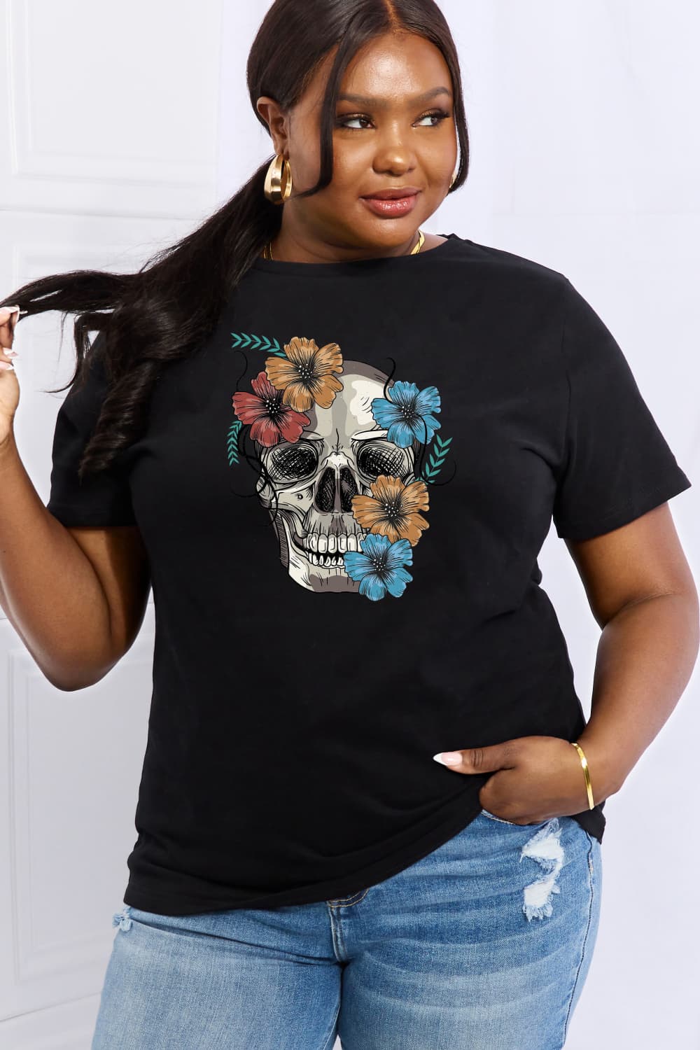 Bright Floral Skull Graphic Short Sleeve Tee Shirt 100% Premium Cotton