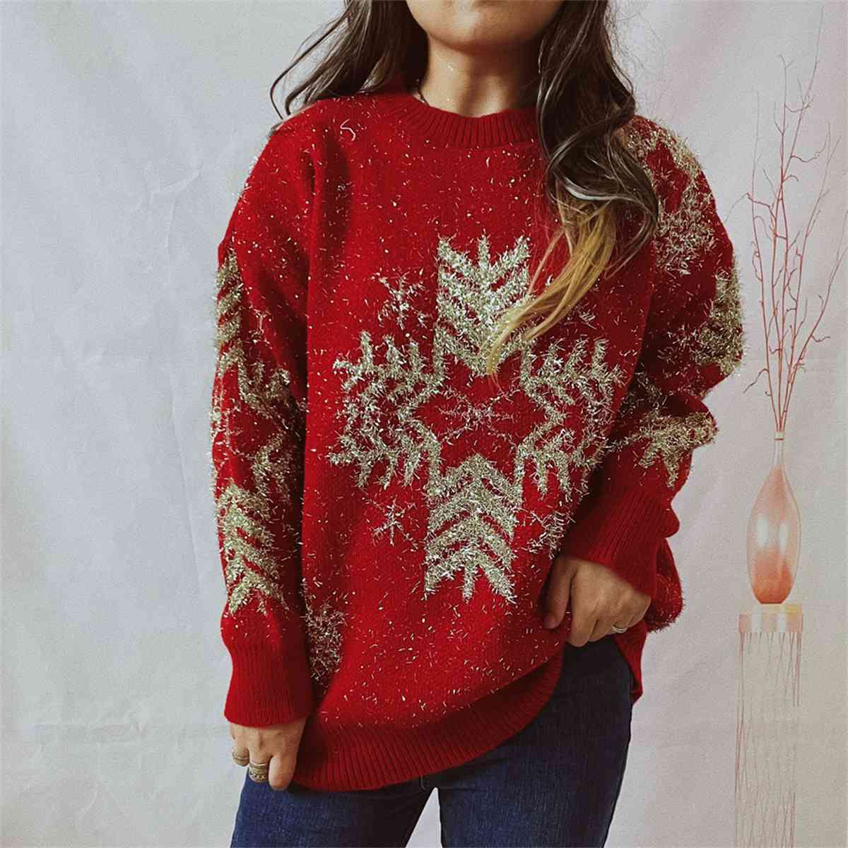 Fuzzy Contrasting Snowflake Knit Round Neck Classy Minimalist Winter Sweater