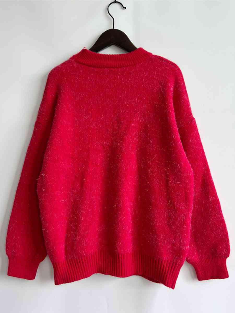 Christmas Reindeer Soft Fuzzy Knit Round Neck Classy Holiday Sweater Top