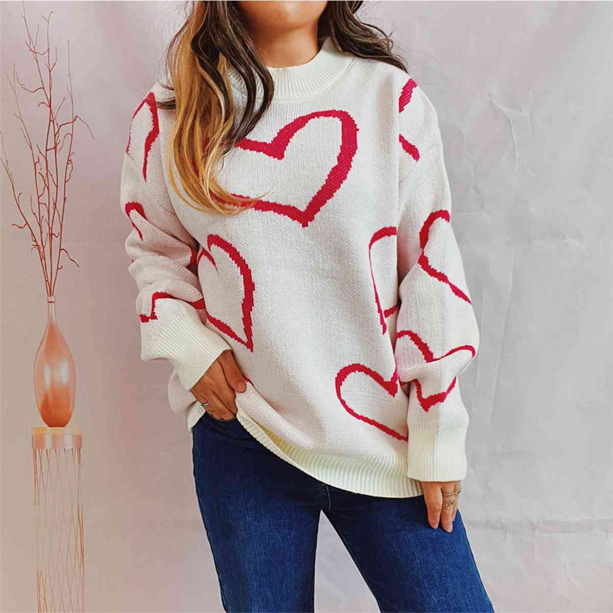 Knit Heart Color Contrasting Classic Long Sleeve Round Neck Pullover Sweater Top