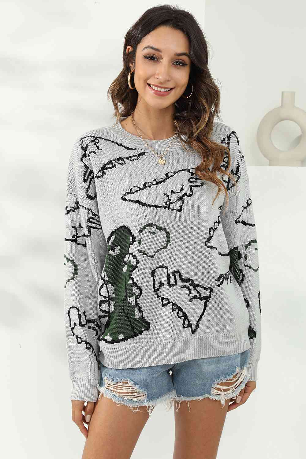 Knit Dinosaur Print Round Neck Long Sleeve Oversized Fun Pullover Sweater
