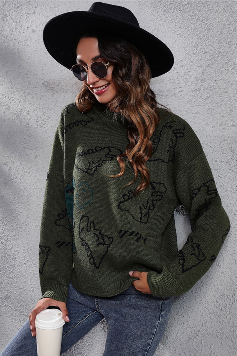 Dinosaur Knit Round Neck Playful Long Sleeve Oversized Pullover Sweater Shirt