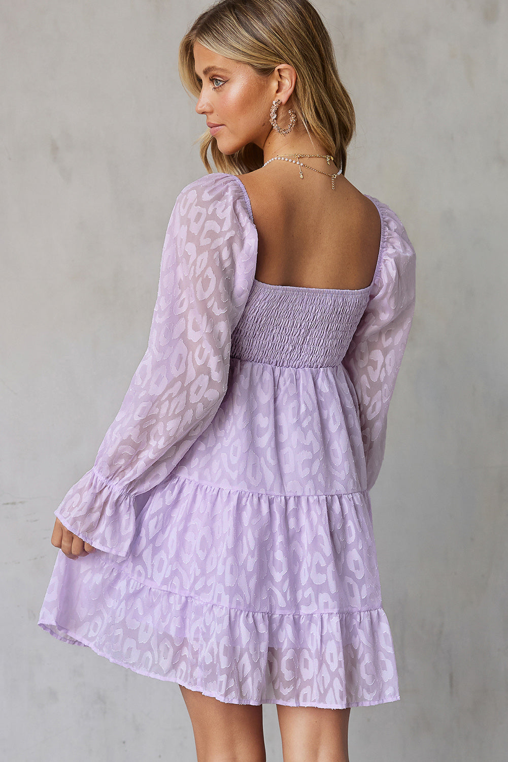 Leopard Print Tiered Long Sleeve Babydoll Dress (3 Colors Available)