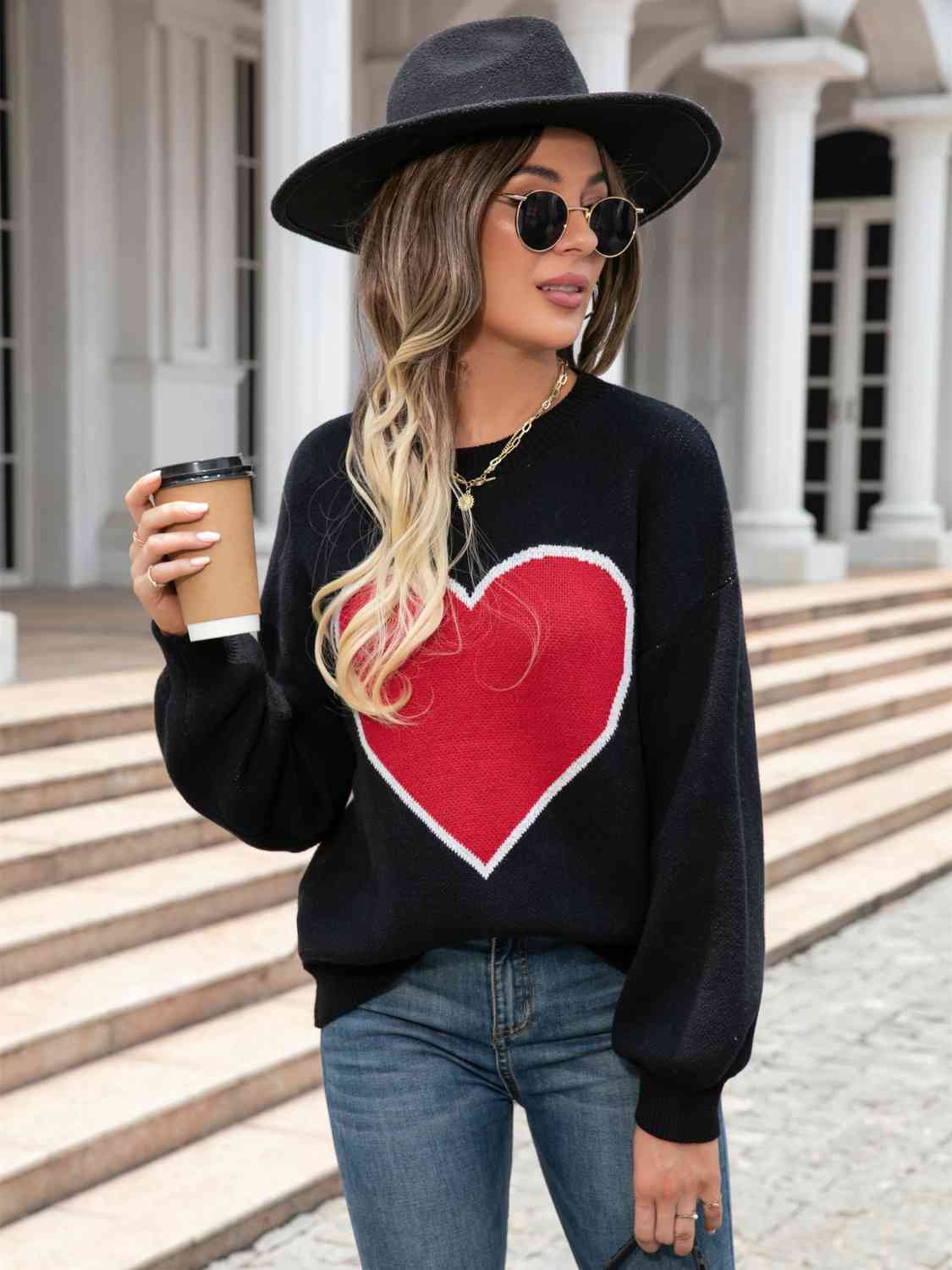 Knit Heart Contrasting Classic Round Neck Pullover Top Long Sleeve Sweater Shirt