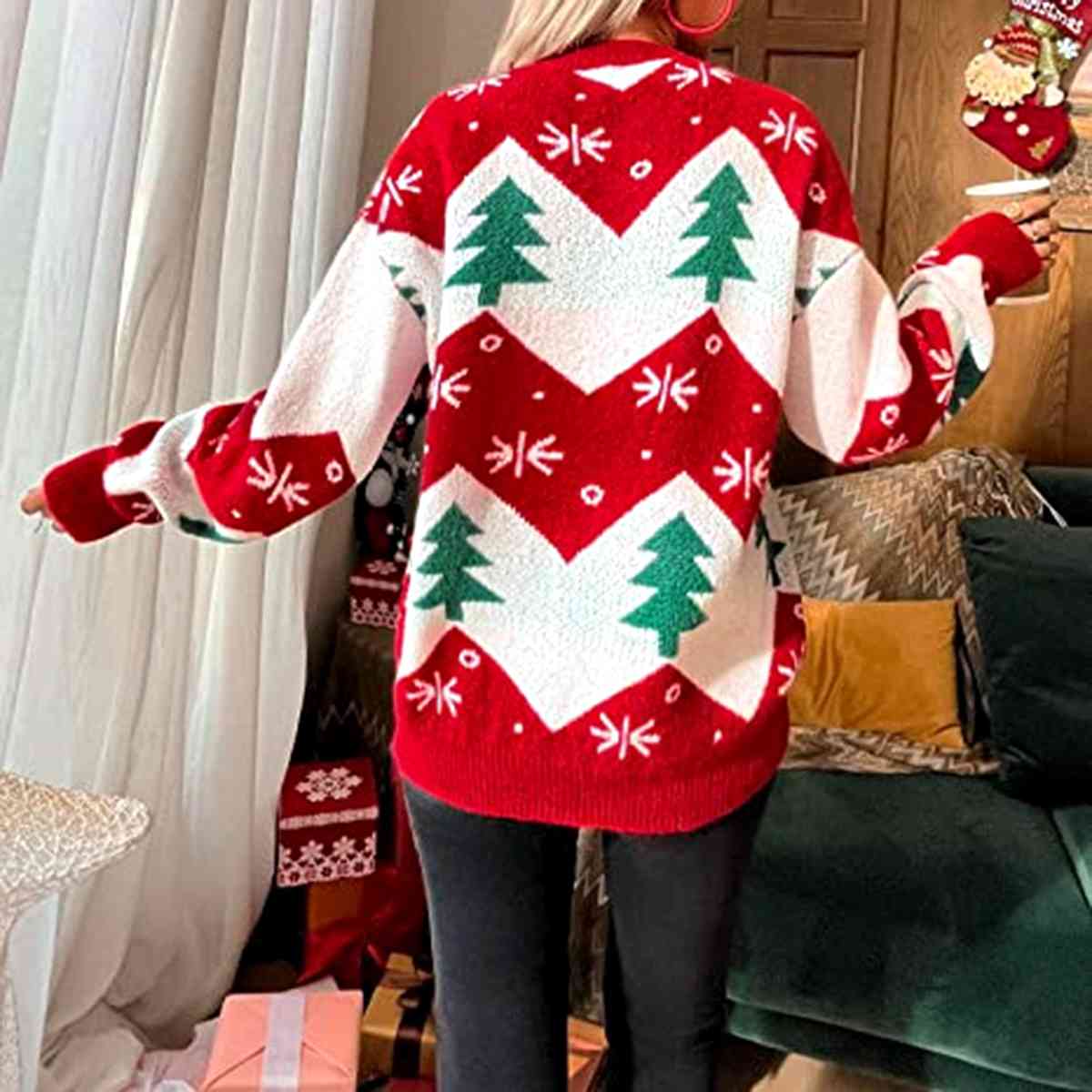 Bold Chevron Contrasting Knit Winter Tree Snowflake Long Sleeve Oversized Sweater