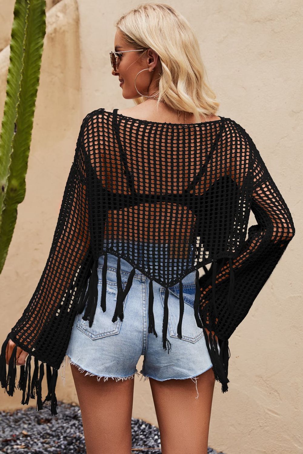 Openwork Fishnet Fringe Trim Long Sleeve Crop Top Cover Up White