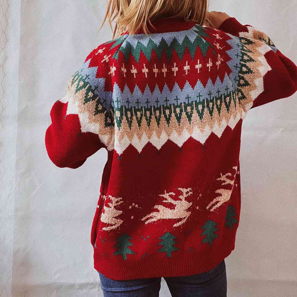 Reindeer Bold Knit Round Neck Classy Holiday Fair Isle Christmas Sweater