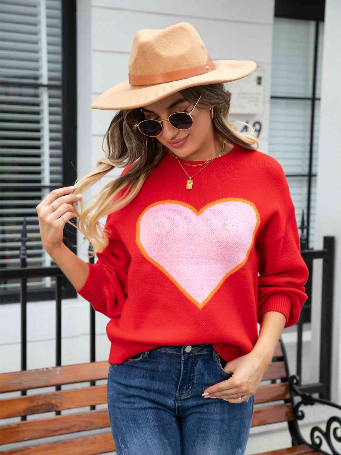 Knit Heart Contrasting Classic Round Neck Pullover Top Long Sleeve Sweater Shirt