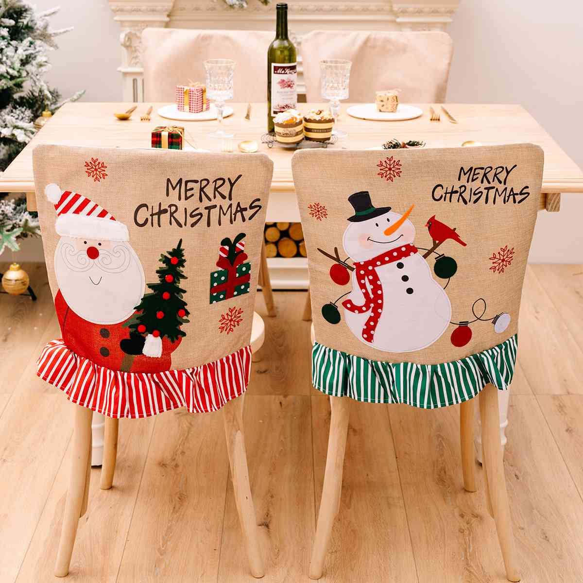 Merry Christmas Santa Snowman Festive Farmhouse Chair Slip Cover Home Decor