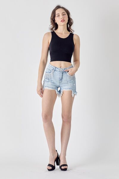 RISEN Rhinestone Chain Fringe Raw Hem Distressed Jean Torn Cut-Off Denim Shorts
