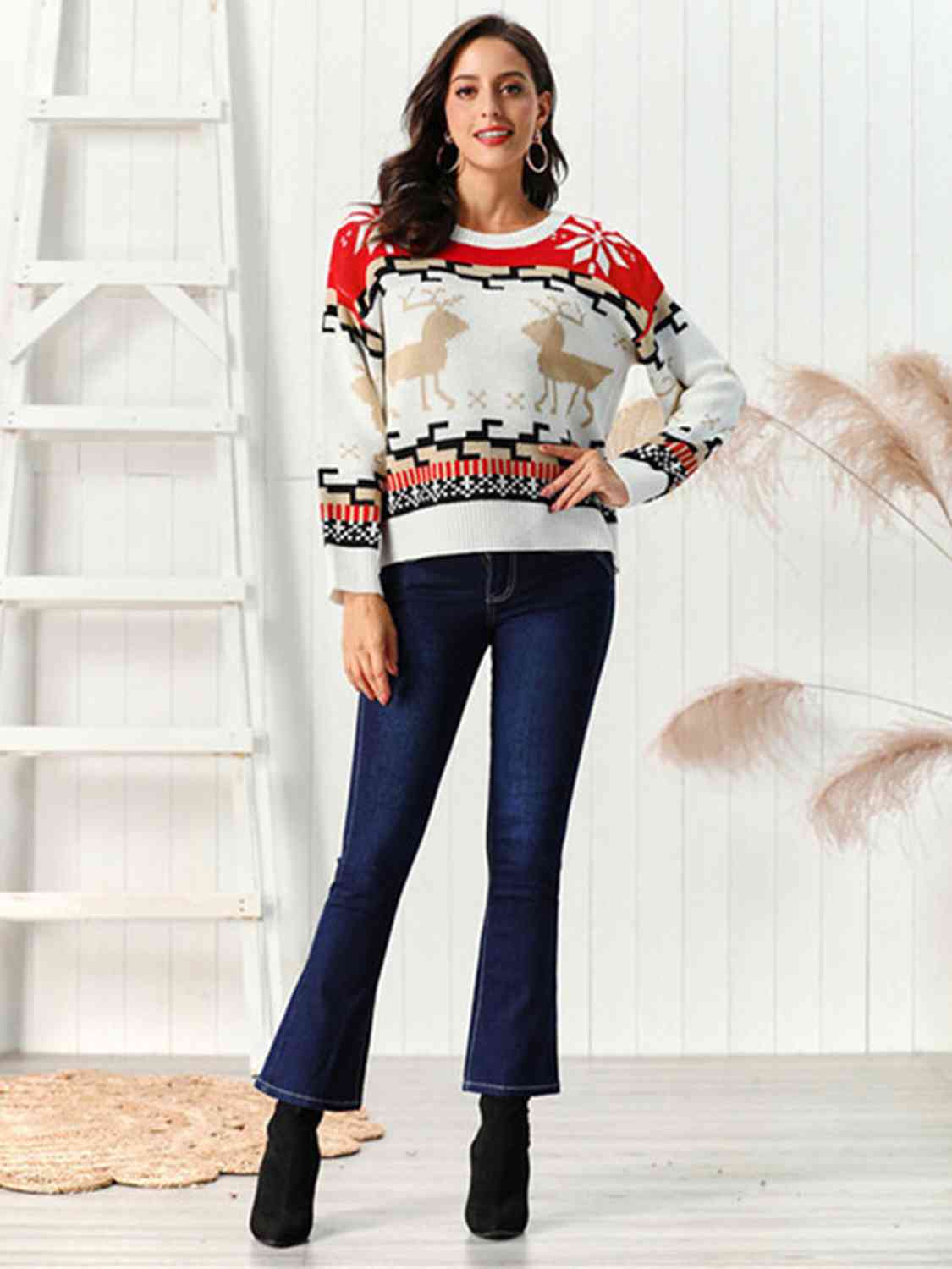 Geometric Reindeer Snowflake Knit Round Neck Classic Holiday Sweater Minimalist