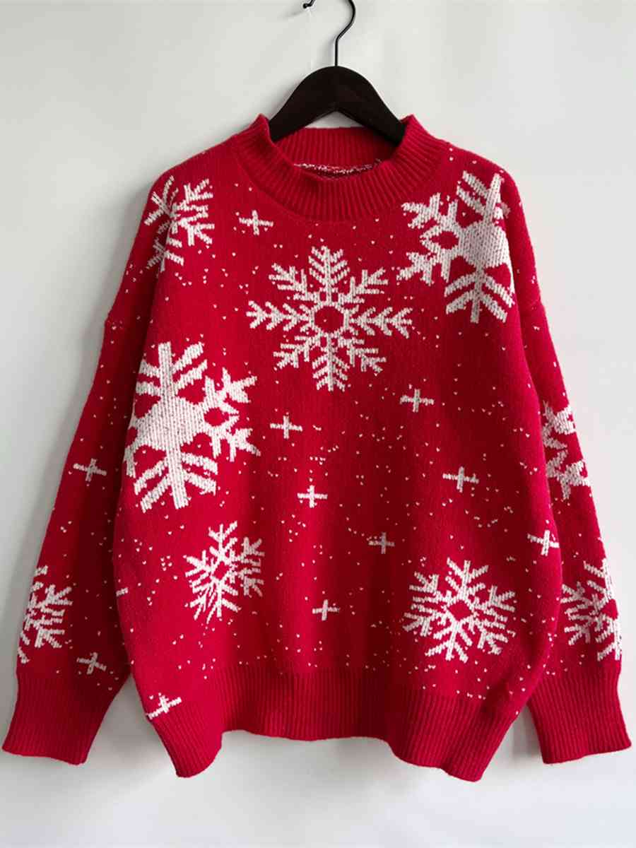 Color Contrast Snowflake Round Neck Long Sleeve Minimalist Winter Sweater