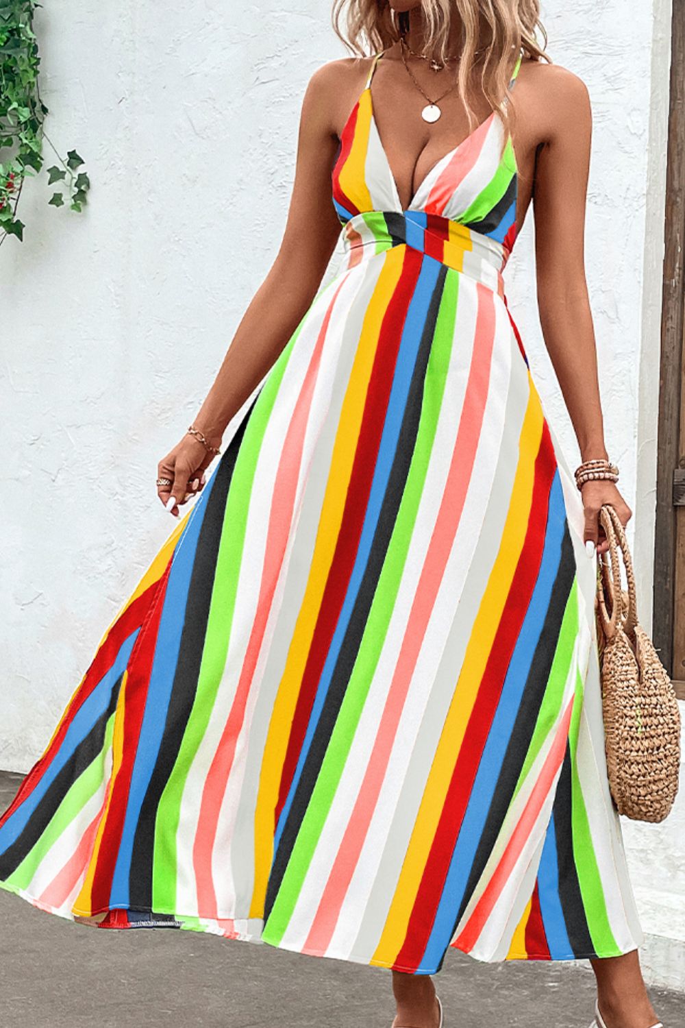 Bright Summer Stripe Backless Cross Tie Split Leg Maxi Dress (Plus Size Available)
