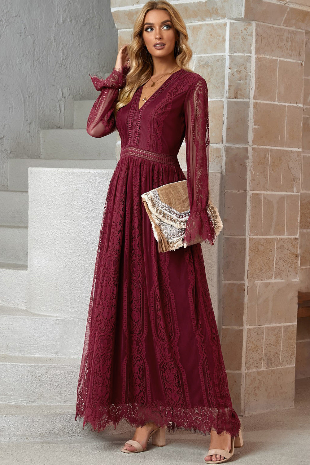 Elegant LACE V-Neck Long-sleeve Maxi Dress (Plus Size Available)