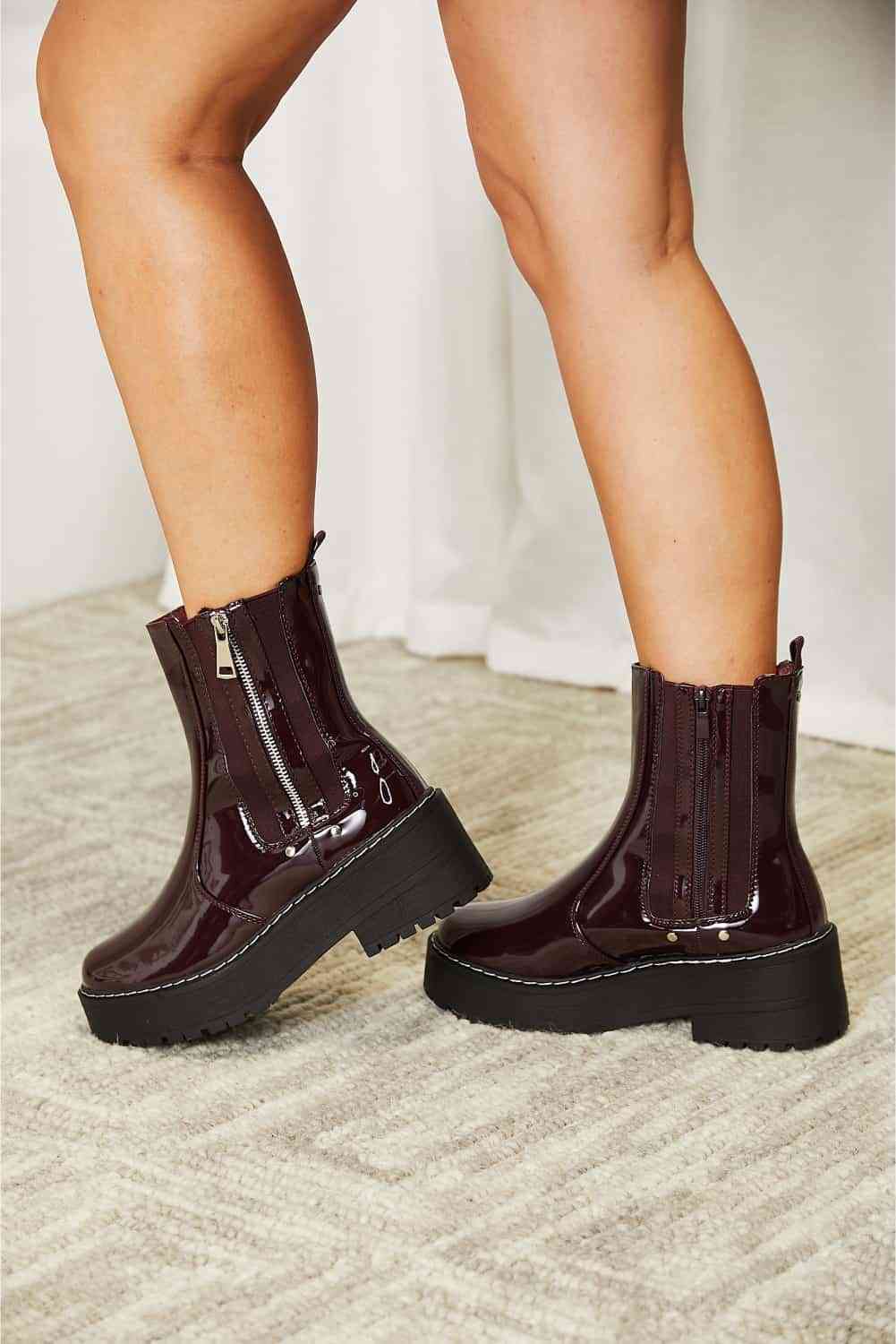 Platform Boots Side Zip Vegan Patent Leather Round Toe Shoes Forever Link