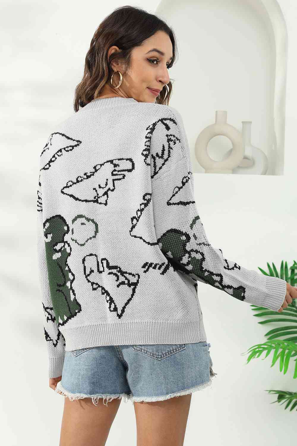 Knit Dinosaur Print Round Neck Long Sleeve Oversized Fun Pullover Sweater