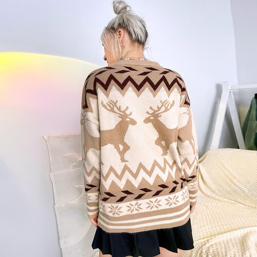 Geometric Reindeer Fair Isle Knit Round Neck Classy Holiday Sweater Top